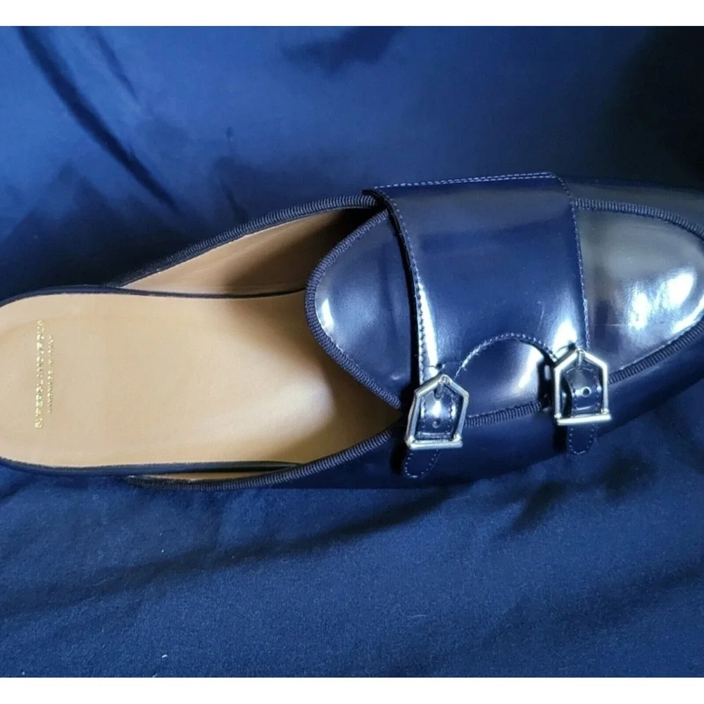 Superglamourous Men's Navy Polished Leather Monk-Straps Belgian Mules Size‎ 7